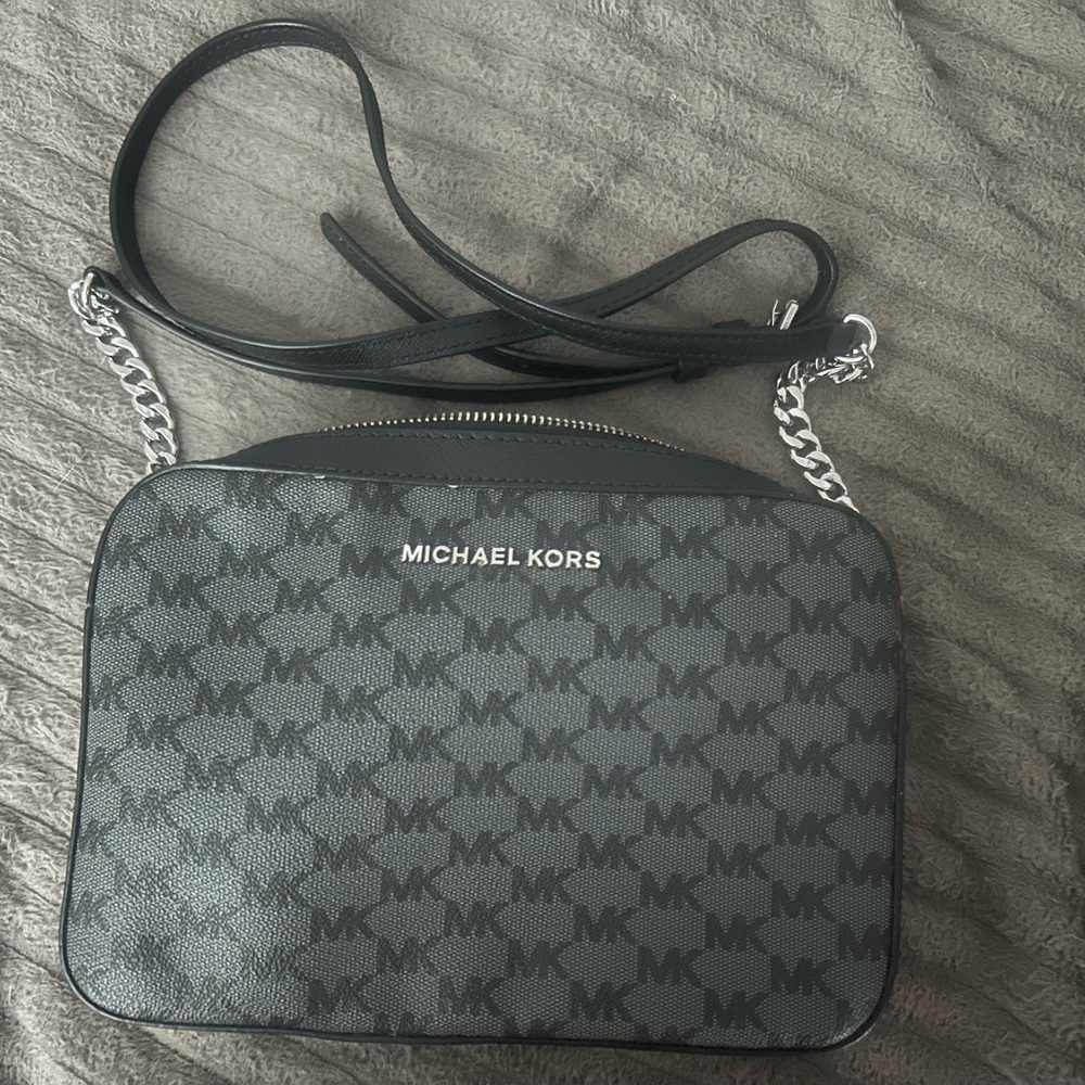 Dark Gray Bag with Monogram Print and Adjustable Strap